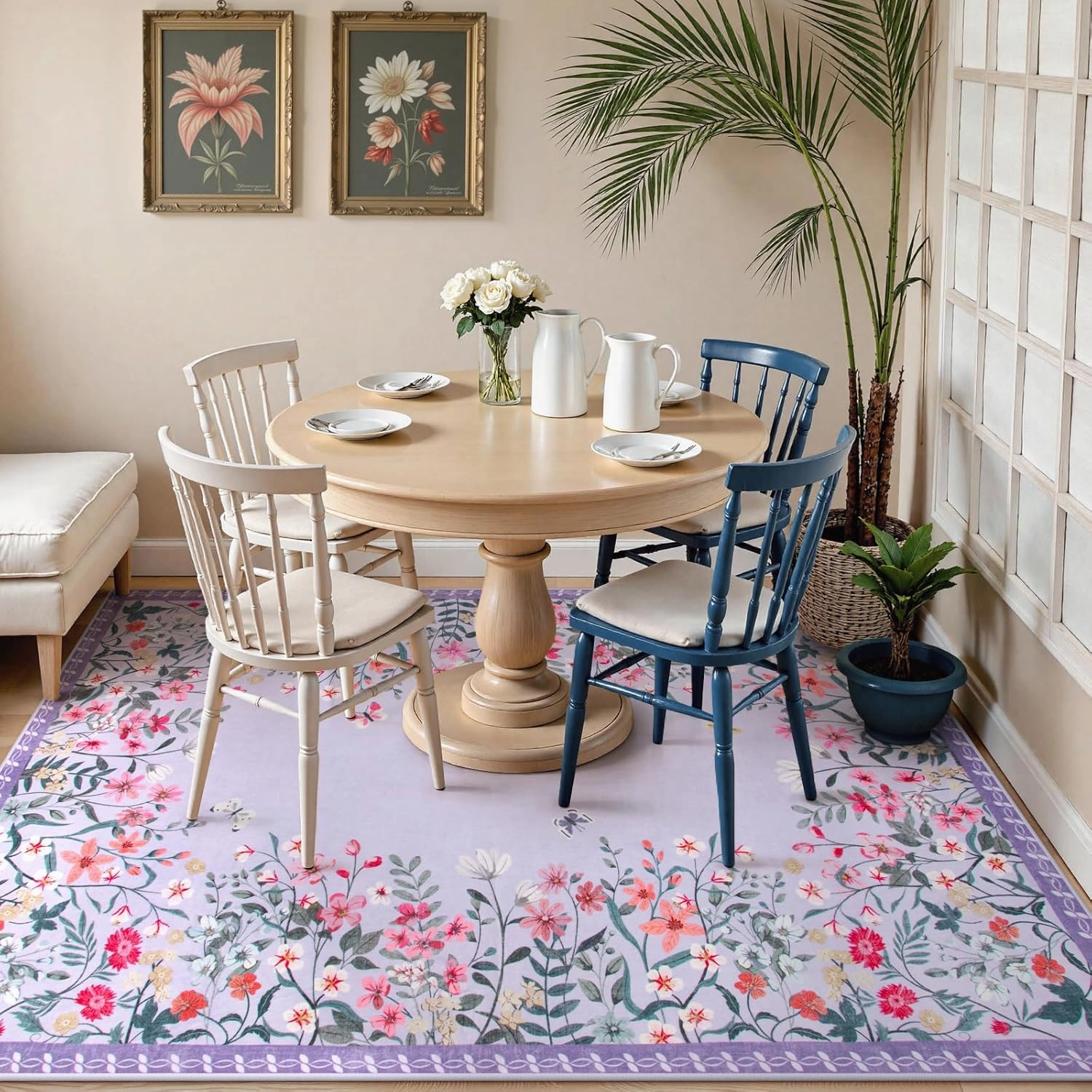 Wonnitar Washable Rug, 5x7 Purple Rugs for Living Room, Floral Print Non-Slip Pink Area Rugs for Bedroom Girls, Soft Large Throw Carpet for Kids Nursery Room (Purple,5'x7')