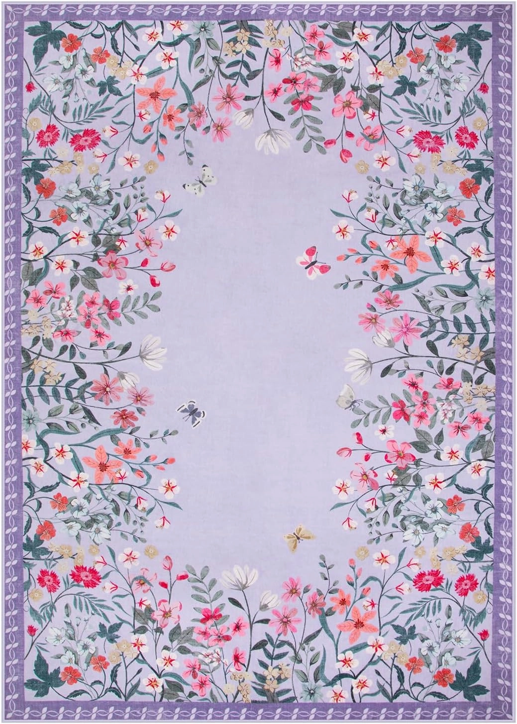 Wonnitar Washable Rug, 5x7 Purple Rugs for Living Room, Floral Print Non-Slip Pink Area Rugs for Bedroom Girls, Soft Large Throw Carpet for Kids Nursery Room (Purple,5'x7')