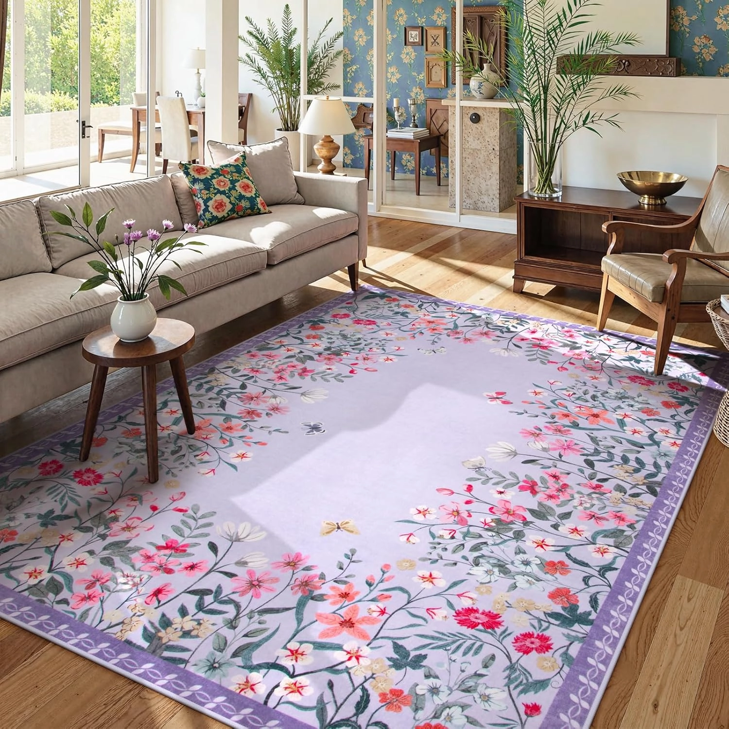 Wonnitar Washable Rug, 5x7 Purple Rugs for Living Room, Floral Print Non-Slip Pink Area Rugs for Bedroom Girls, Soft Large Throw Carpet for Kids Nursery Room (Purple,5'x7')