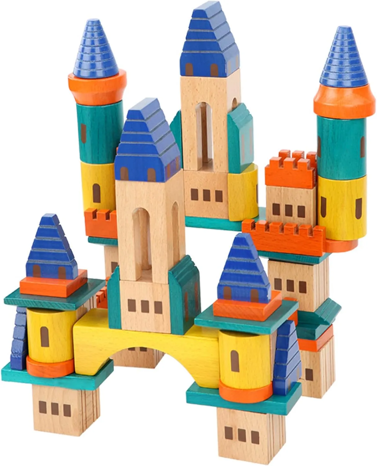 Wooden Castle Building Blocks Set, Big Solid Beech Wood Toddlers Stacking Block Toy, Kids Construction Playset for Boys Girls 69 Pieces Set