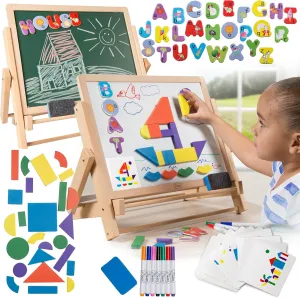 Wooden Double-Sided Tabletop Magnetic Dry Erase & Chalkboard Easel- 80 pc Activity Set for Kids Includes Magnet Letters, Shapes, Patterns, Chalk and 7 Dry Erase Markers- STEM Boys & Girls Play Center