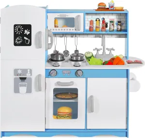 Wooden Kids Kitchen Playset, Modern Wooden Play Kitchen Sets w/Lighted Stove, Oven, Microwave & Ice Maker, Little Chef Pretend Play Kitchen for Girls and Boys (Blue)