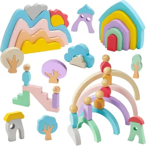 Wooden Rainbow Stacking Toy, 44 Pcs Nesting Puzzle Blocks for Toddlers 3  Years Old, Montessori Early Development Gift, Rainbow Stacker Set, Building Creative Color Shape Matching Toy