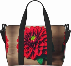 Wooden Board Retro Flower Red Dahlia Print Portable Travel Duffel Bag,Ideal For Business And Private Travel