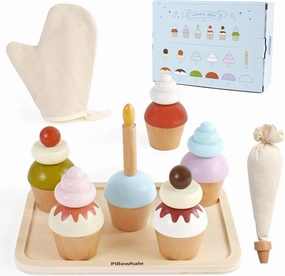 Wooden Cupcakes Toy,Kids Kitchen Playset,Pretend Play Food with Menu,Birthday Cake Toy for Toddlers Boys Girls Ages 3 