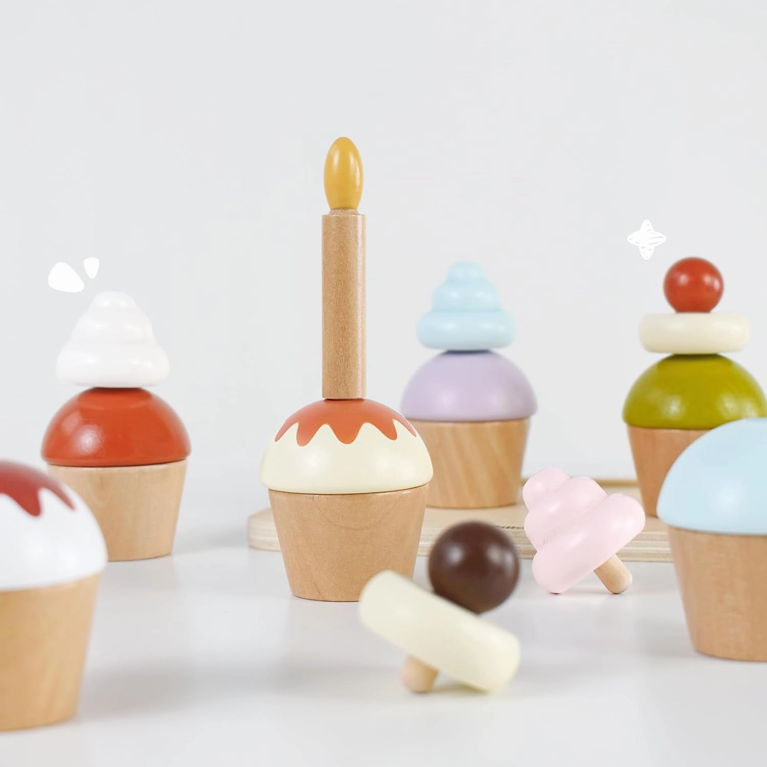 Wooden Cupcakes Toy,Kids Kitchen Playset,Pretend Play Food with Menu,Birthday Cake Toy for Toddlers Boys Girls Ages 3 