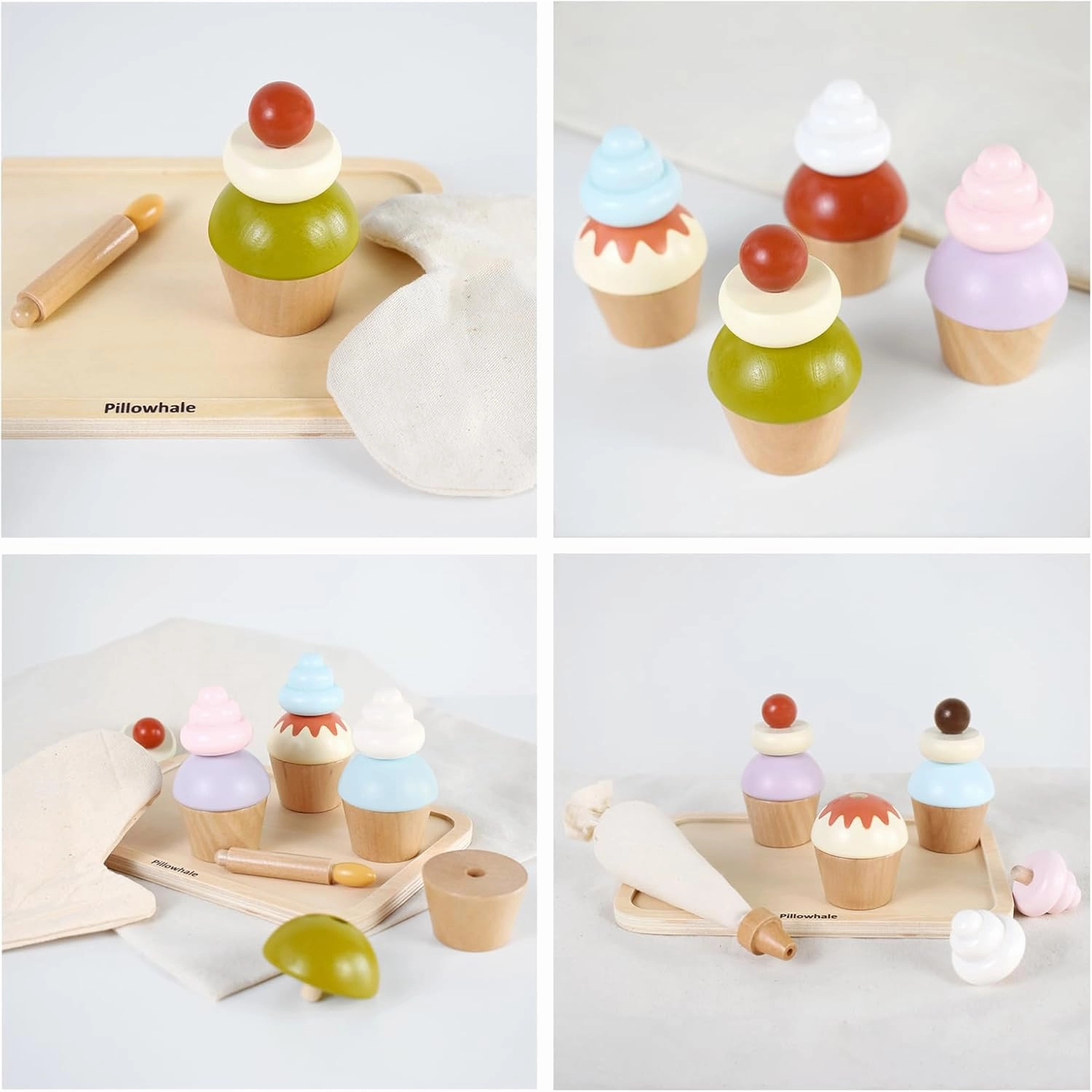 Wooden Cupcakes Toy,Kids Kitchen Playset,Pretend Play Food with Menu,Birthday Cake Toy for Toddlers Boys Girls Ages 3 
