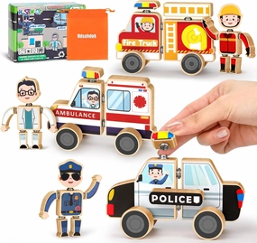 Wooden Emergency Vehicles Snap & Take-Apart STEM Toys for Kids Ages 3-6 | 41Pcs Building Blocks with Firetruck, Police Car & Ambulance | Montessori Fine Motor Skills Gift for Toddlers Boys Girls