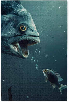 Wooden Jigsaw Puzzle for Adults 1000 Pieces - Big Fish Wants to Eat Small Fish - Home Decor Art - Fun Family Game and Creative Gift