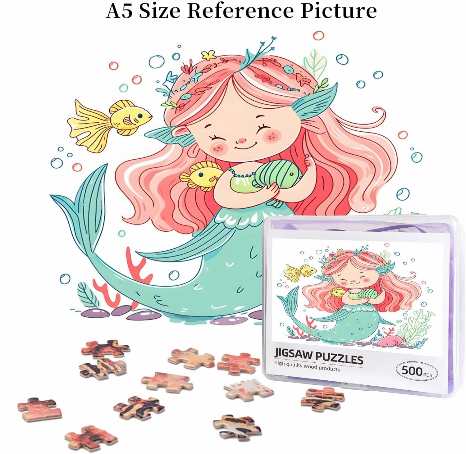 Wooden Jigsaw Puzzles 500 Pieces Sea Mermaid Fish Painting Puzzle Leisure for Adults Jigsaw Challenging Creative Educational Intellectual Decompressing Family Games Toy Gift