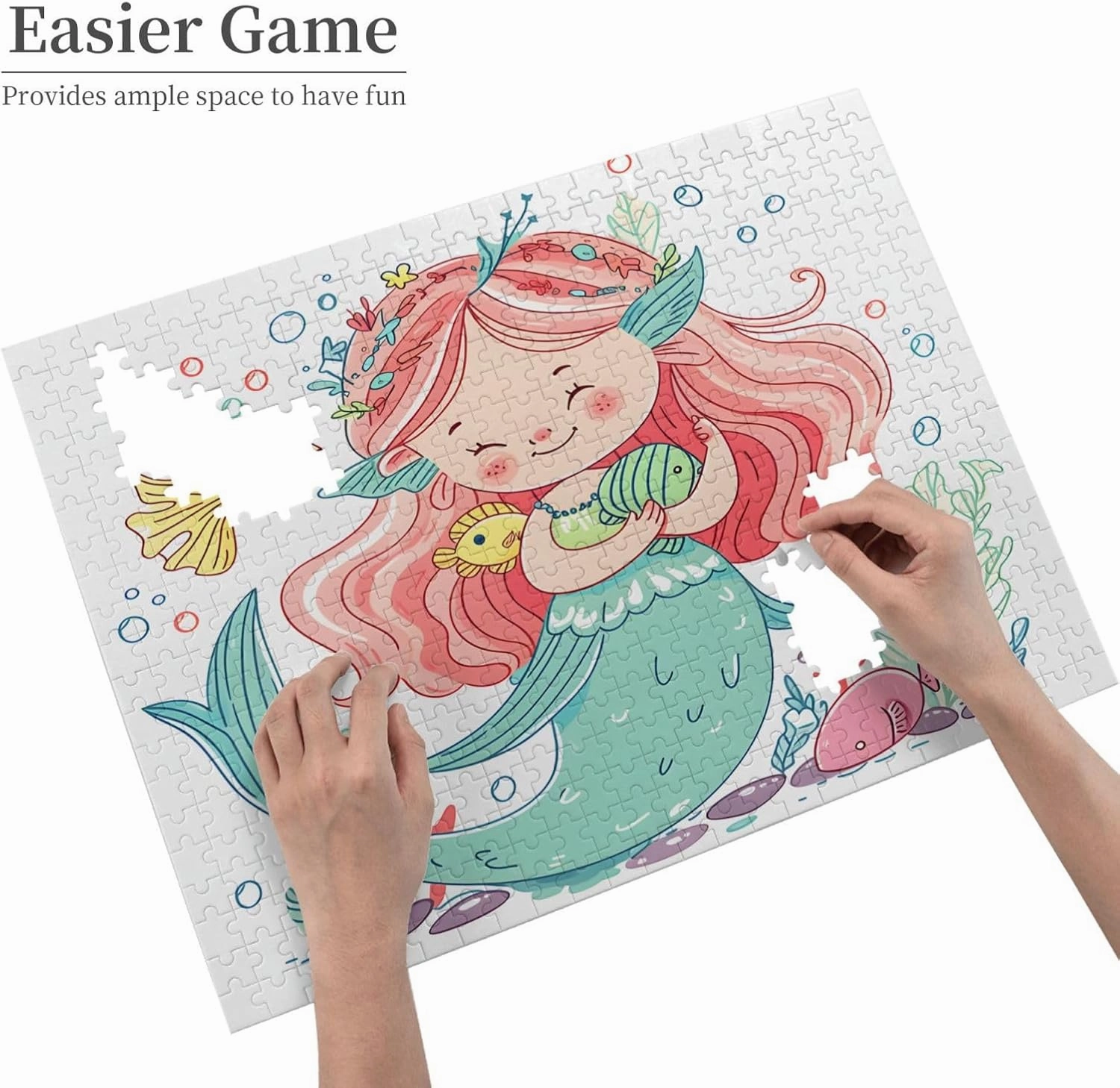 Wooden Jigsaw Puzzles 500 Pieces Sea Mermaid Fish Painting Puzzle Leisure for Adults Jigsaw Challenging Creative Educational Intellectual Decompressing Family Games Toy Gift