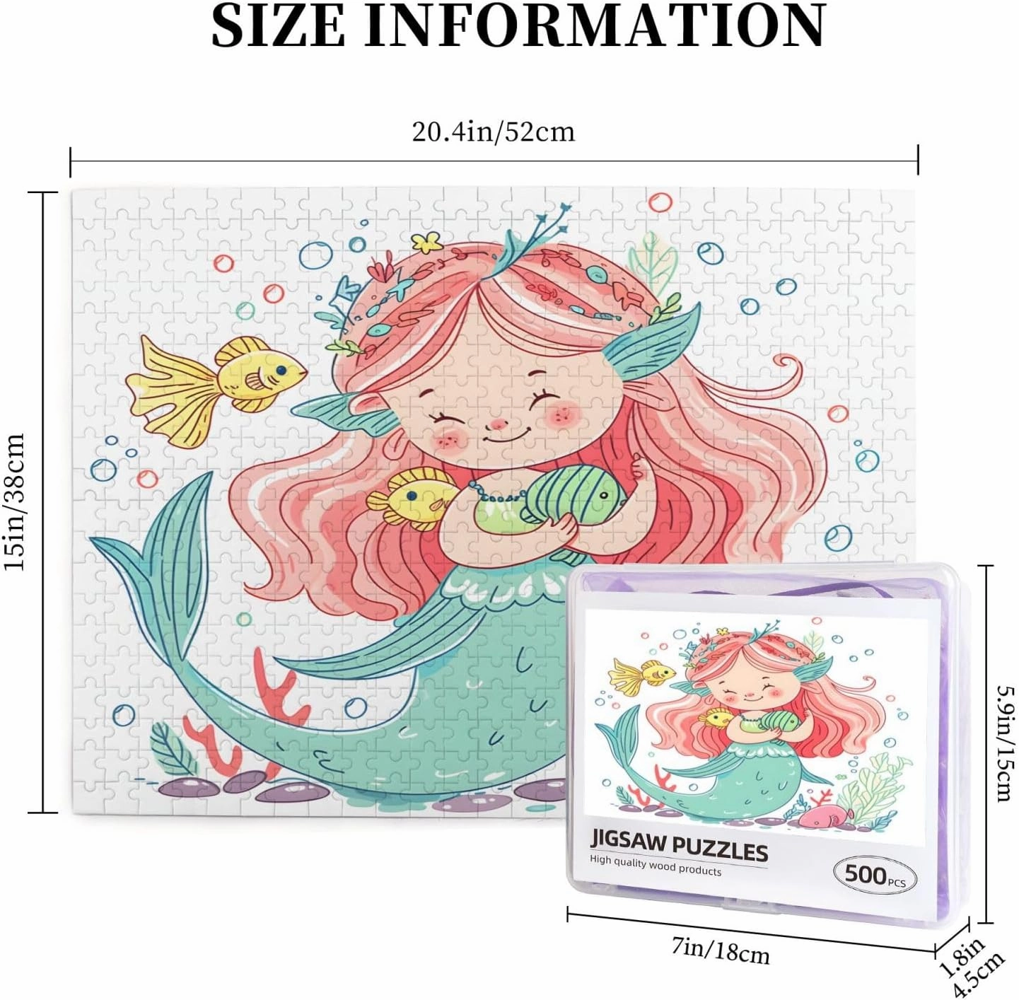 Wooden Jigsaw Puzzles 500 Pieces Sea Mermaid Fish Painting Puzzle Leisure for Adults Jigsaw Challenging Creative Educational Intellectual Decompressing Family Games Toy Gift
