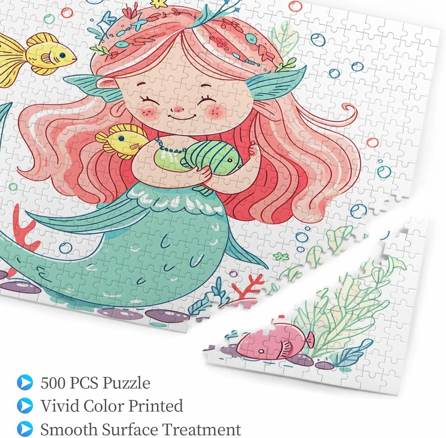 Wooden Jigsaw Puzzles 500 Pieces Sea Mermaid Fish Painting Puzzle Leisure for Adults Jigsaw Challenging Creative Educational Intellectual Decompressing Family Games Toy Gift