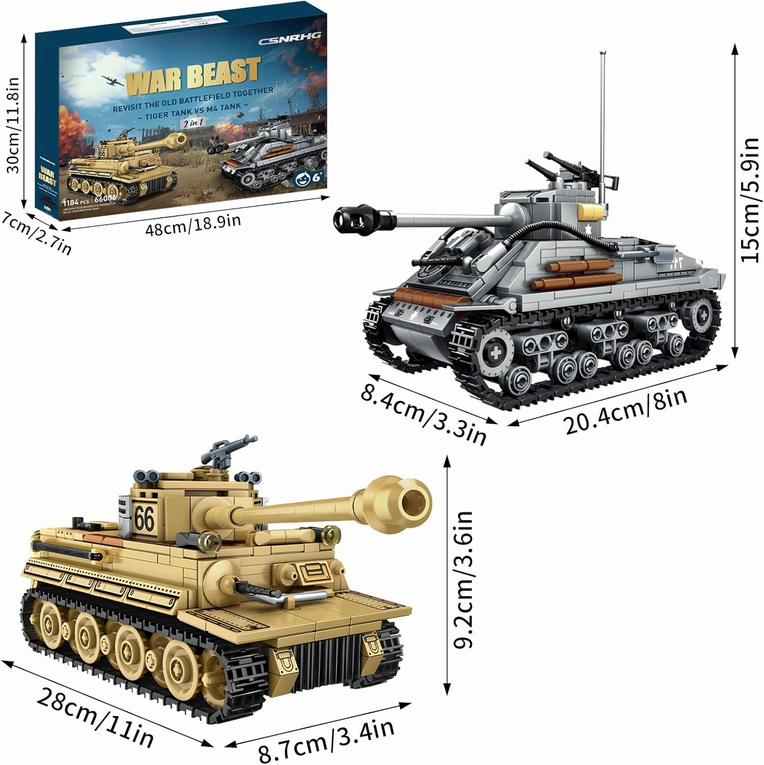 WW2 2 in 1 Army Tank Building Blocks Kit Create an American M4 Sherman & a German Tiger Tank Military Toy Sets Birthday for Age 6  Children Teens Adults 1184 Pieces