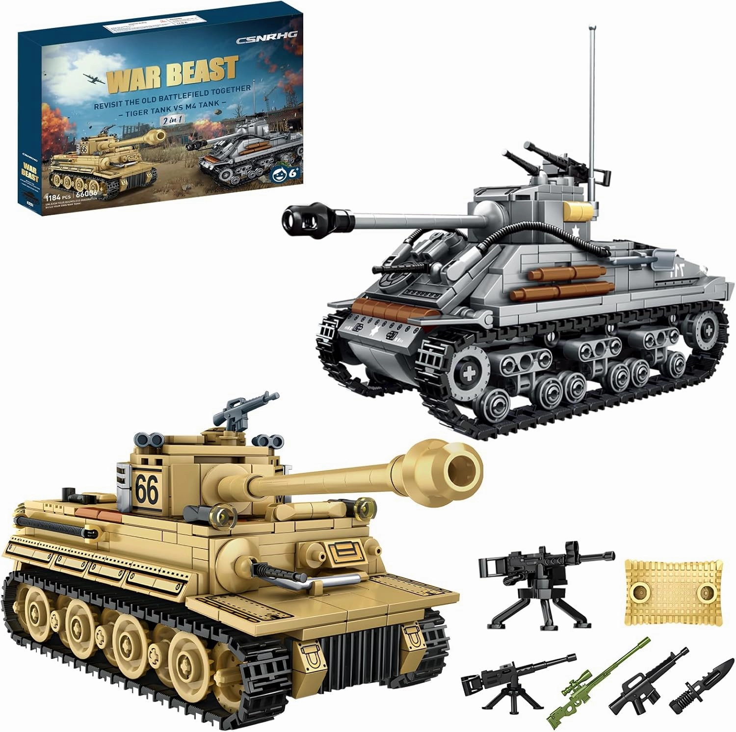 WW2 2 in 1 Army Tank Building Blocks Kit Create an American M4 Sherman & a German Tiger Tank Military Toy Sets Birthday for Age 6  Children Teens Adults 1184 Pieces