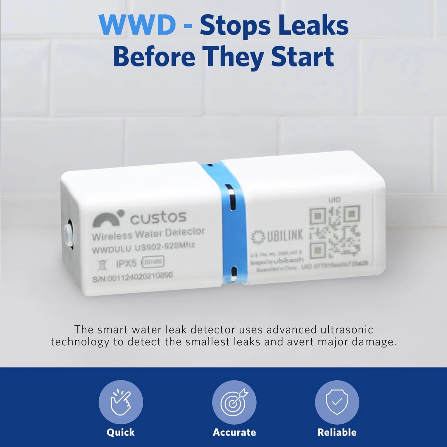 WWD Water Leak Detector, Smart Water Monitor, Battery Operated Smart Home Devices, Sub-Lipstick Design Water Alarm Leak Detector, No Wi-Fi Required, 4 Pack