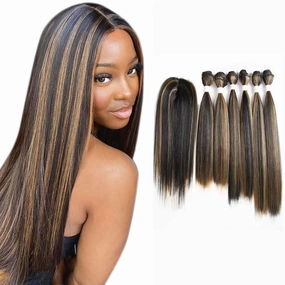 X-TRESS Highlight Balayage Synthetic Hair Bundles with Closure Yaki Straight Weft Weave Ombre Honey Blonde Swiss Lace Hair Extension Heat Friendly