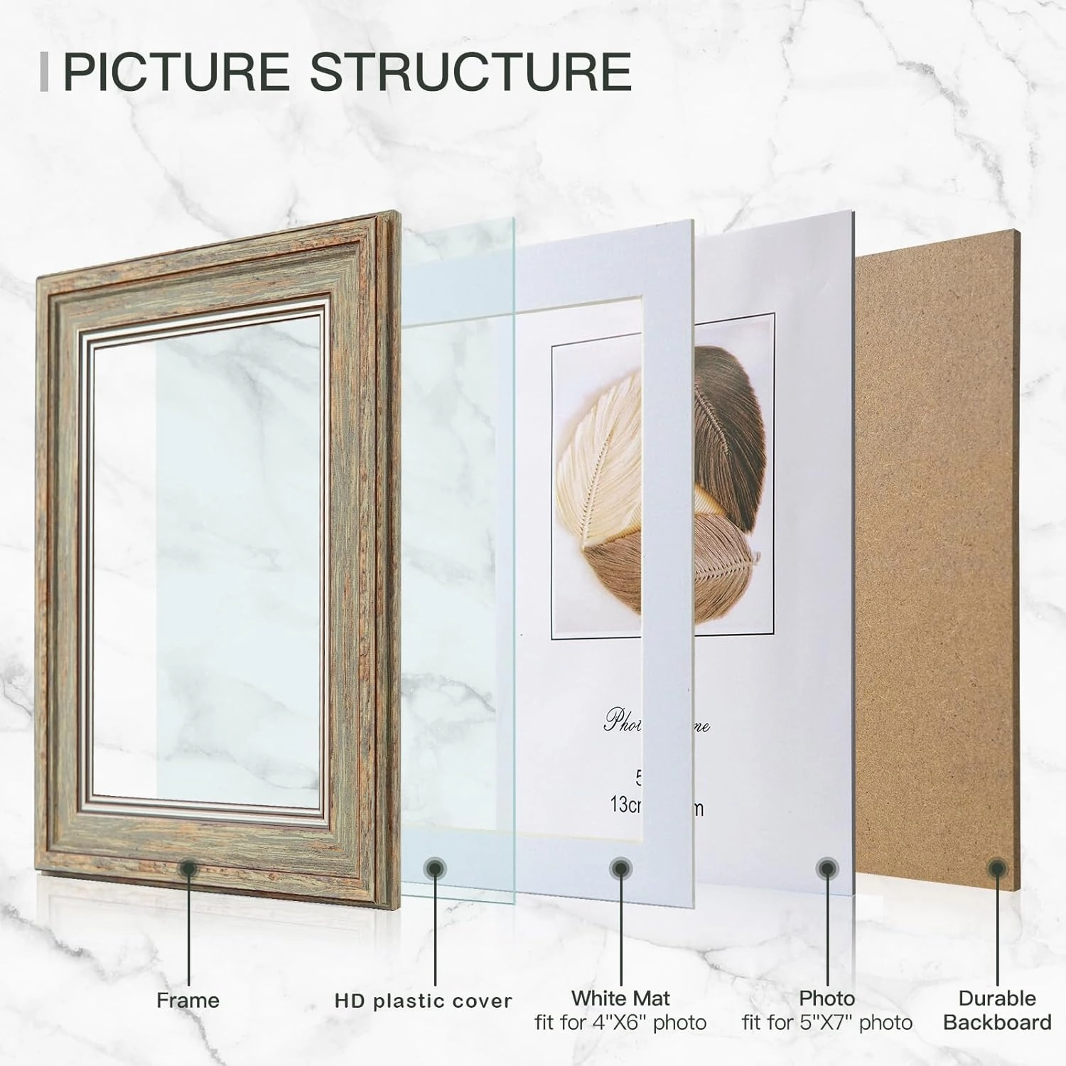 XUANLUO 3 Pack 5x7 Inch Picture Frames Farmhouse Rustic Vintage Distressed Wood Grain Photo Frame with HD plastic cover for Table Top Display and Wall Hanging