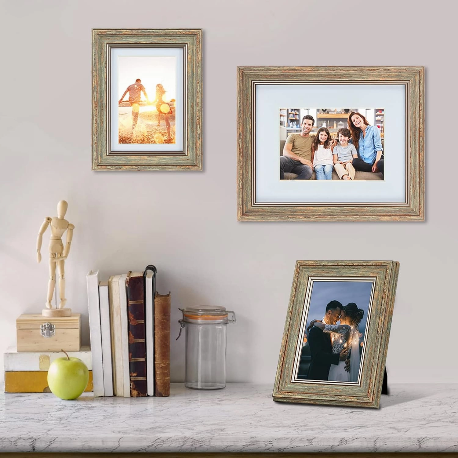 XUANLUO 3 Pack 5x7 Inch Picture Frames Farmhouse Rustic Vintage Distressed Wood Grain Photo Frame with HD plastic cover for Table Top Display and Wall Hanging