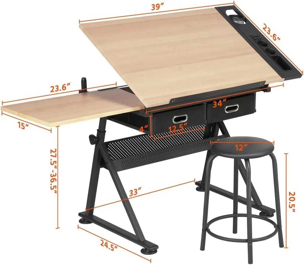 Yaheetech Height Adjustable Drafting Table Drawing Table Artist Desk Tilting Tabletop Art Craft Desk Watercolor Paintings Sketching Work Station w/2 Storage Drawers and Stool for Home Office