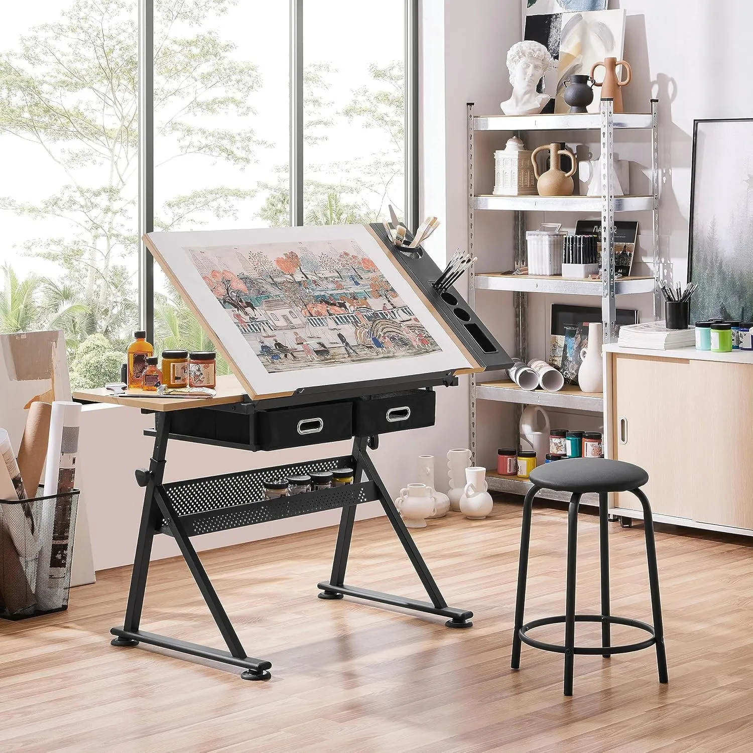 Yaheetech Height Adjustable Drafting Table Drawing Table Artist Desk Tilting Tabletop Art Craft Desk Watercolor Paintings Sketching Work Station w/2 Storage Drawers and Stool for Home Office