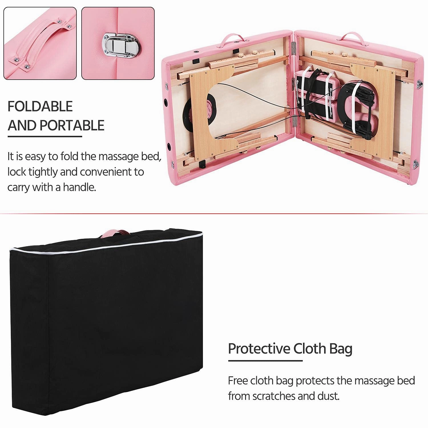 Yaheetech Massage Table Portable Lash Beds Spa Bed Massage Couch Foldable Spa Tables Adjustable 2 Fold with Non-Woven Bag 24 inch, Pink