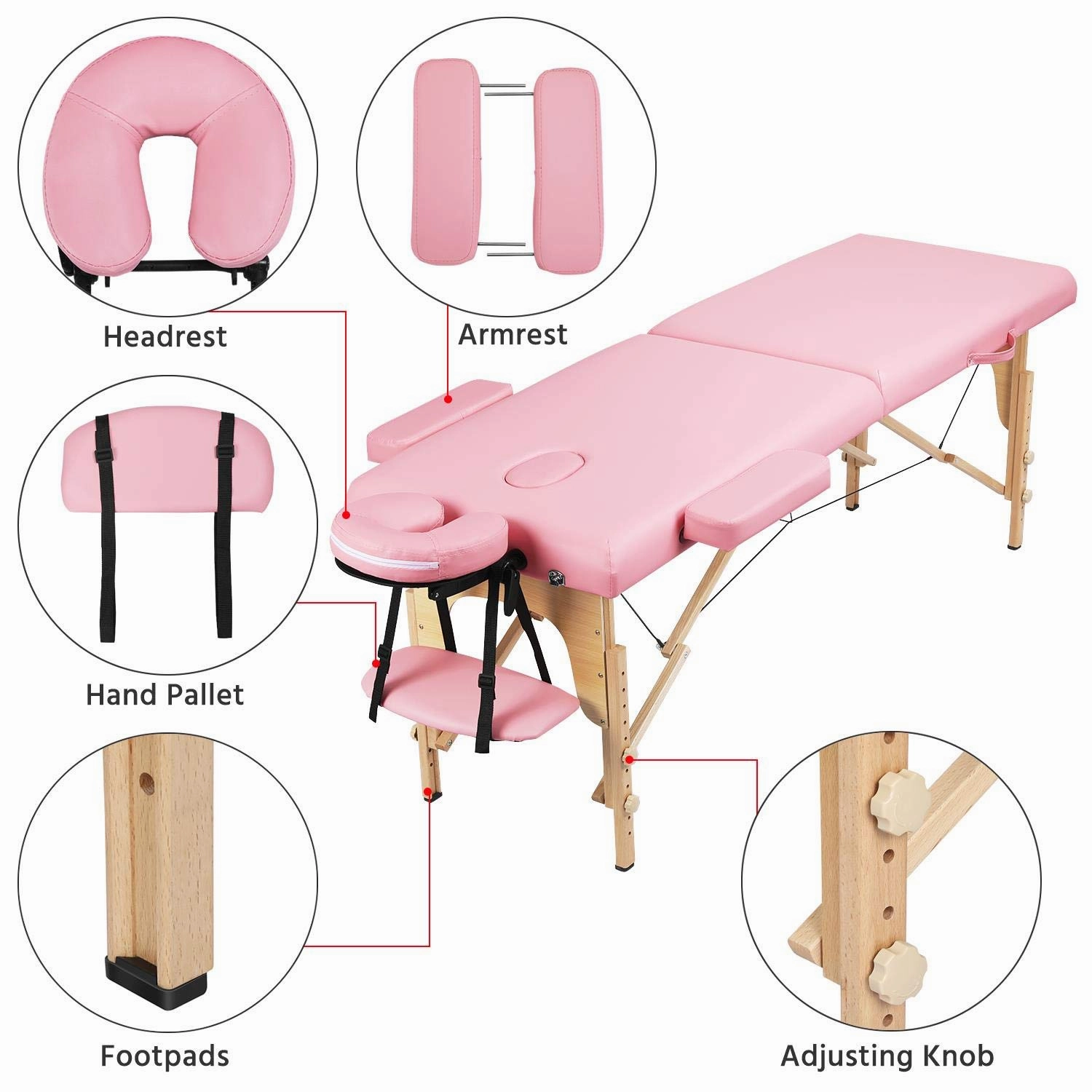 Yaheetech Massage Table Portable Lash Beds Spa Bed Massage Couch Foldable Spa Tables Adjustable 2 Fold with Non-Woven Bag 24 inch, Pink