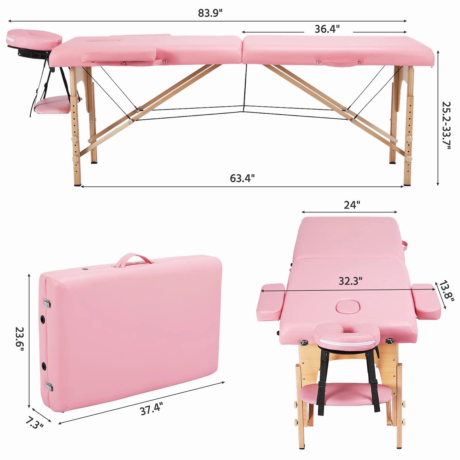 Yaheetech Massage Table Portable Lash Beds Spa Bed Massage Couch Foldable Spa Tables Adjustable 2 Fold with Non-Woven Bag 24 inch, Pink