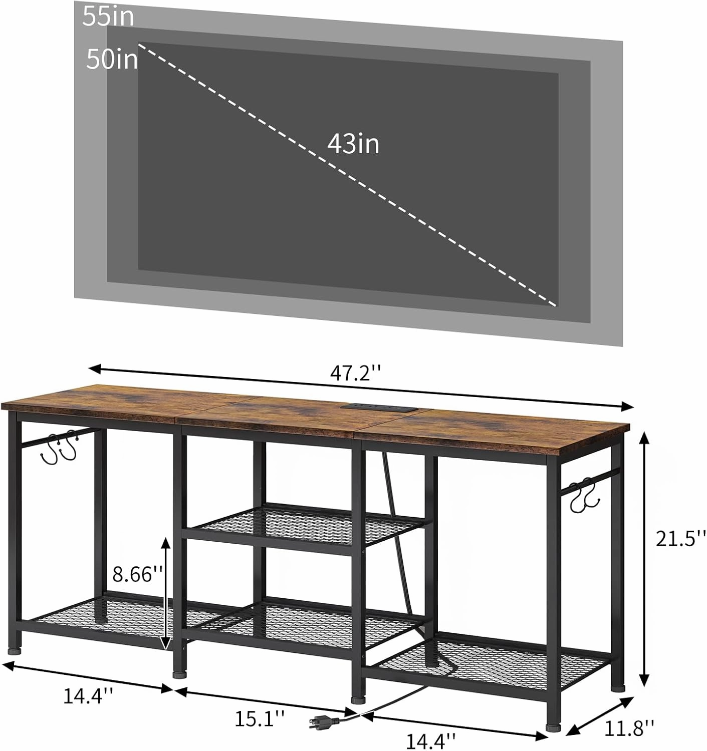YGEOMER TV Stand Entertainment Center for 55 Inch TVs, with Charging Station and Lights Open Storage Shelves, TV Media Console, Open Storage Shelf with Sound Rack for Living Room, Rustic Brown