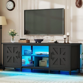 YITAHOME TV Stand with LED Lights & Charging Station, Farmhouse Entertainment Center with Storage Cabinets & Shelves, Cross-Pattern Doors, Fits TVs up to 70'', TV Consoles for Living Room, Black