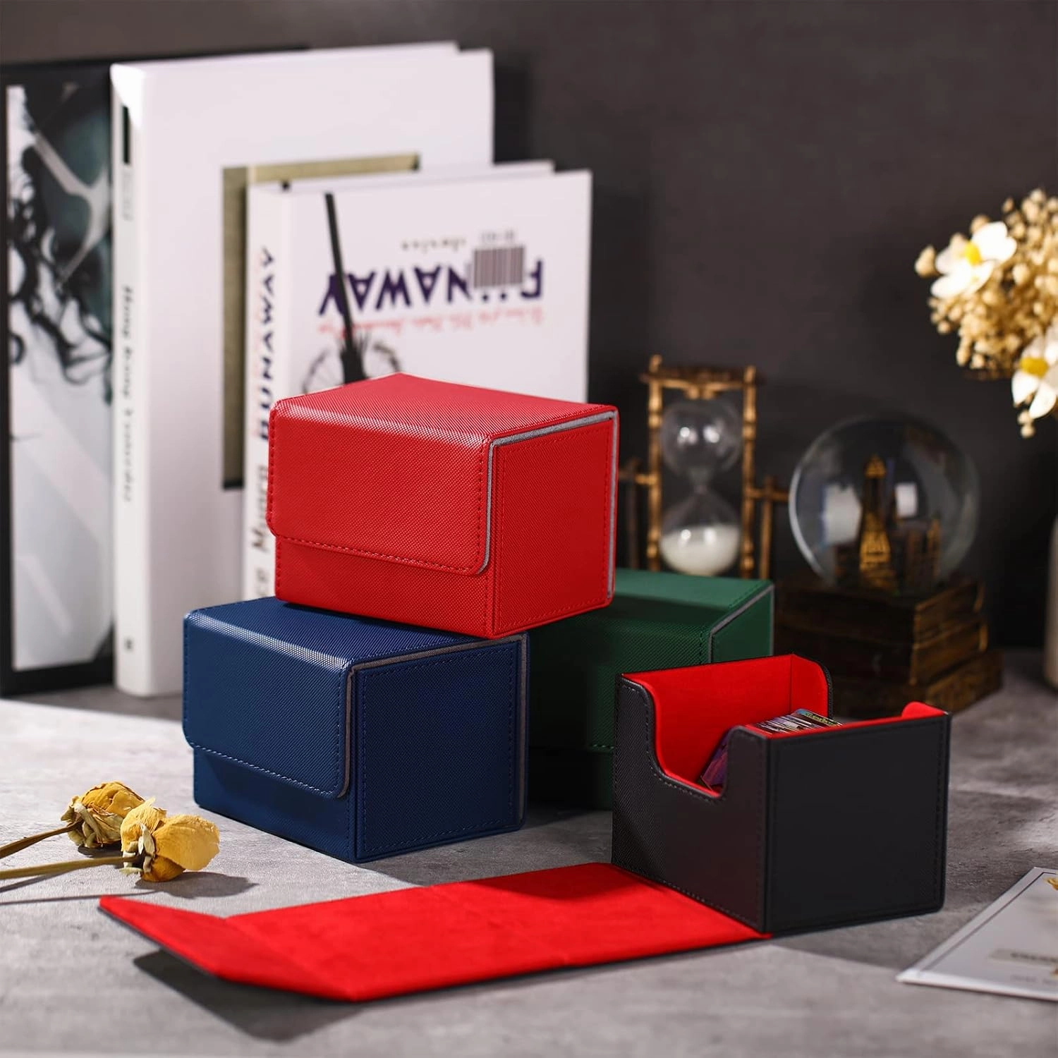 Yookeer 4 Pieces Leather Deck Card Boxes Cards Deck Game Box for Collectible Playing Card Box Compatible with MTG Commander(Black, Green, Red, Blue,Horizontal)