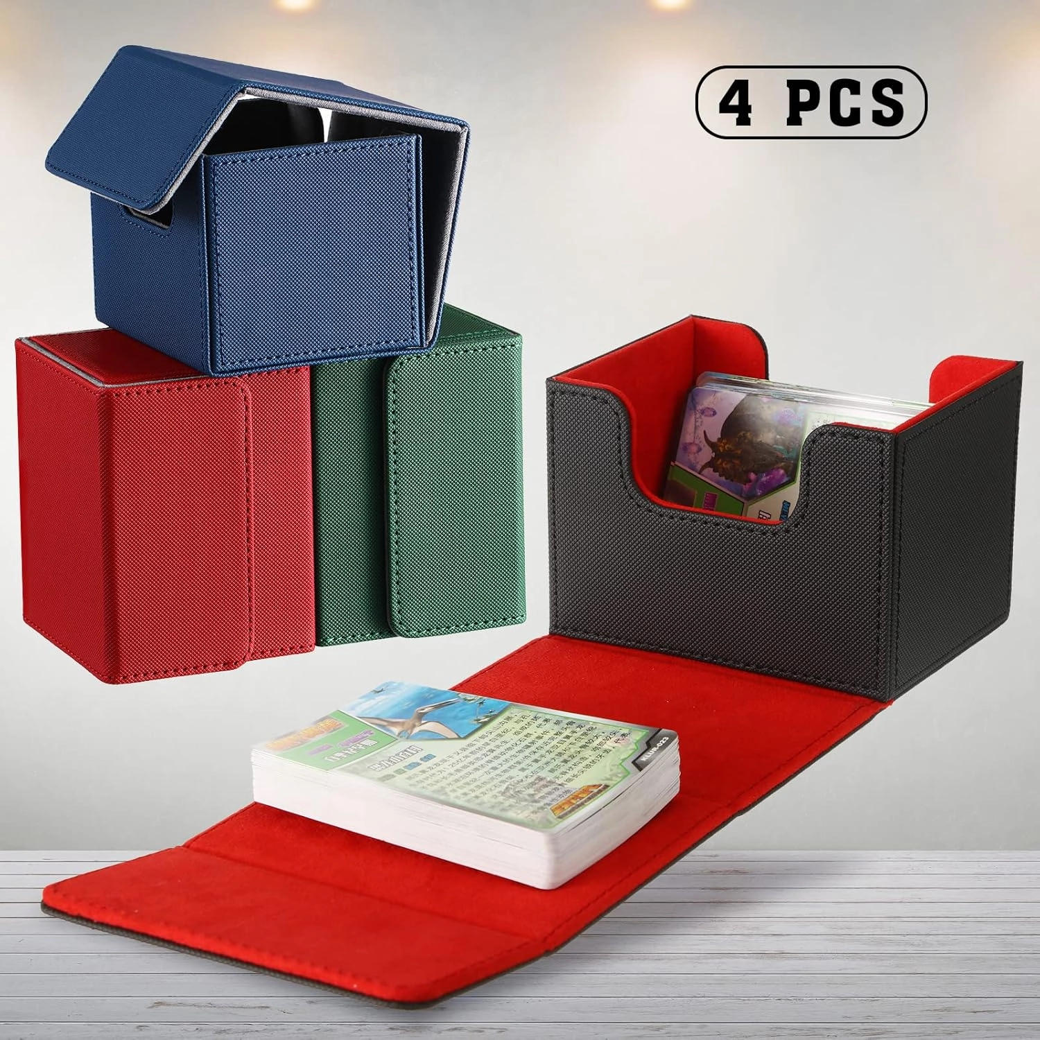 Yookeer 4 Pieces Leather Deck Card Boxes Cards Deck Game Box for Collectible Playing Card Box Compatible with MTG Commander(Black, Green, Red, Blue,Horizontal)