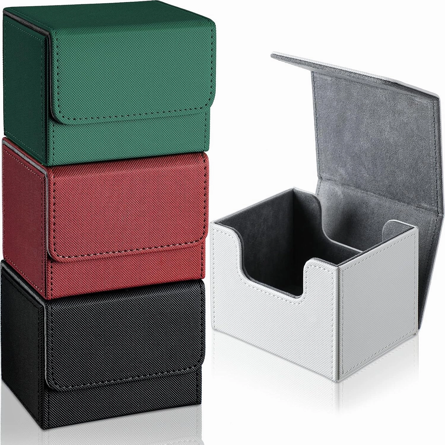 Yookeer 4 Pieces Leather Deck Card Boxes Cards Deck Game Box for Collectible Playing Card Box Compatible with MTG Commander(Black, White, Red, Green,Horizontal)