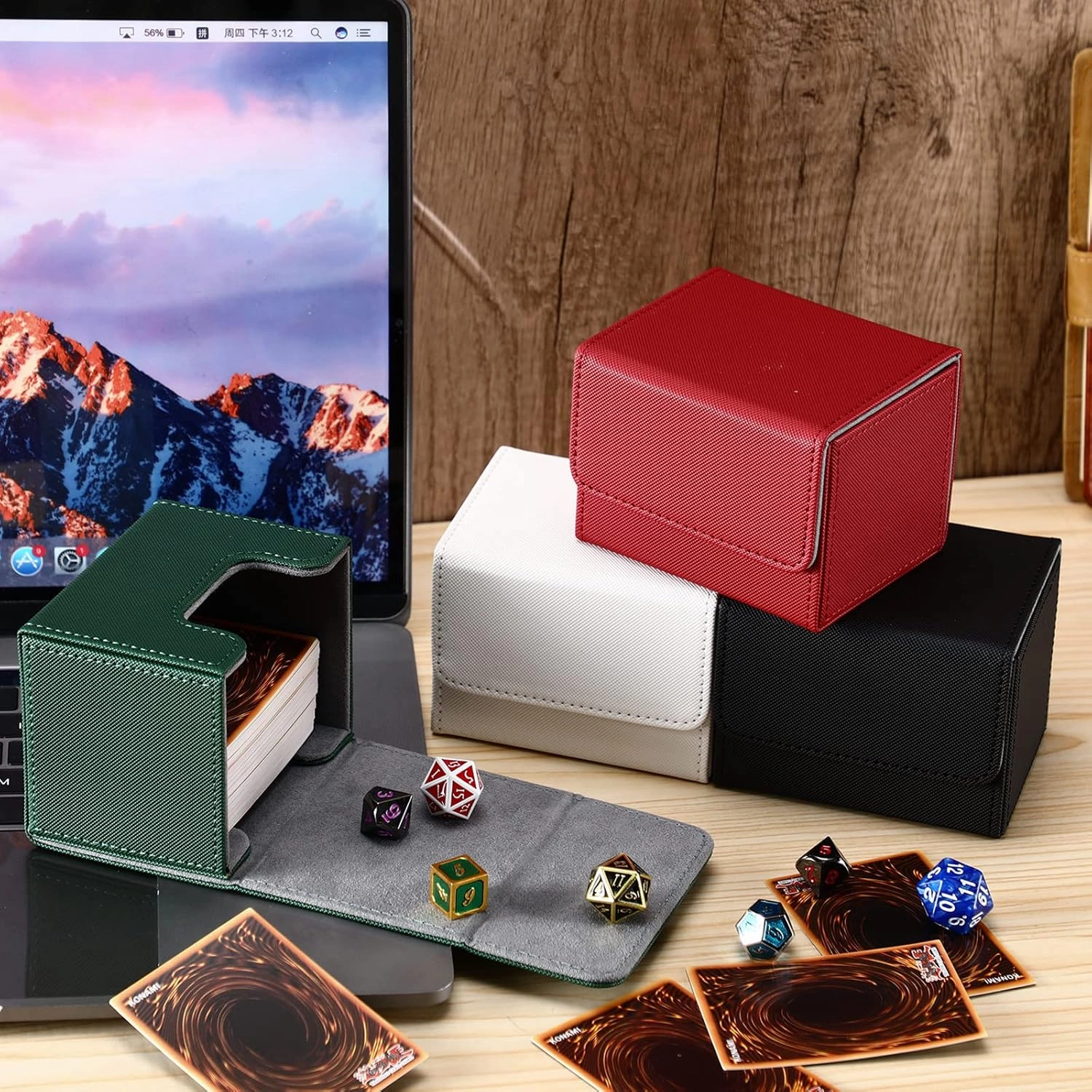 Yookeer 4 Pieces Leather Deck Card Boxes Cards Deck Game Box for Collectible Playing Card Box Compatible with MTG Commander(Black, White, Red, Green,Horizontal)