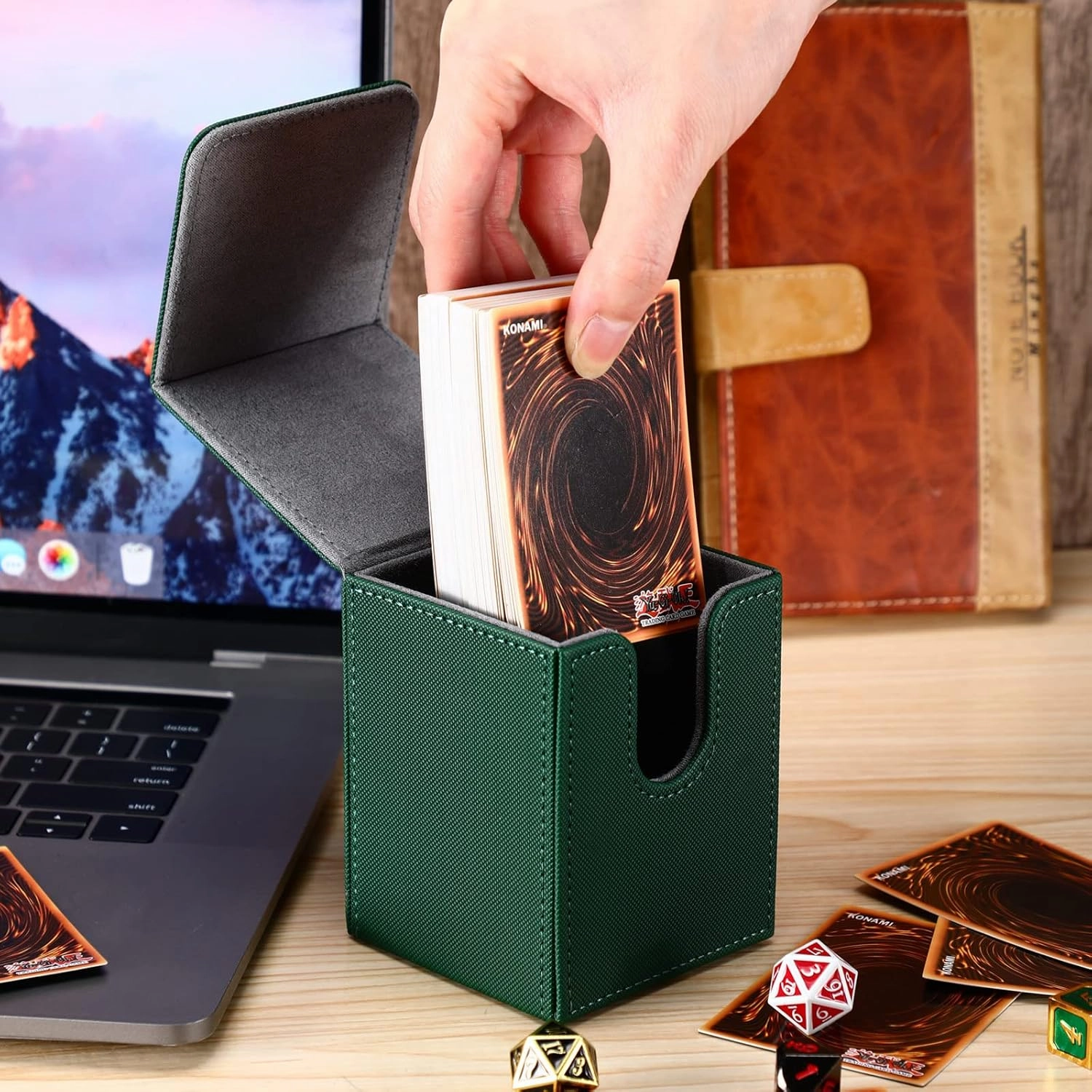 Yookeer 4 Pieces Leather Deck Card Boxes Cards Deck Game Box for Collectible Playing Card Box Compatible with MTG Commander(Black, White, Red, Green,Vertical)