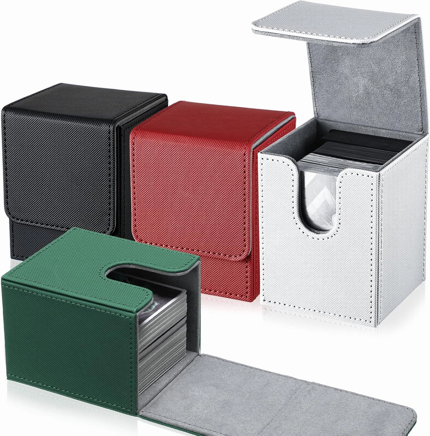 Yookeer 4 Pieces Leather Deck Card Boxes Cards Deck Game Box for Collectible Playing Card Box Compatible with MTG Commander(Black, White, Red, Green,Vertical)