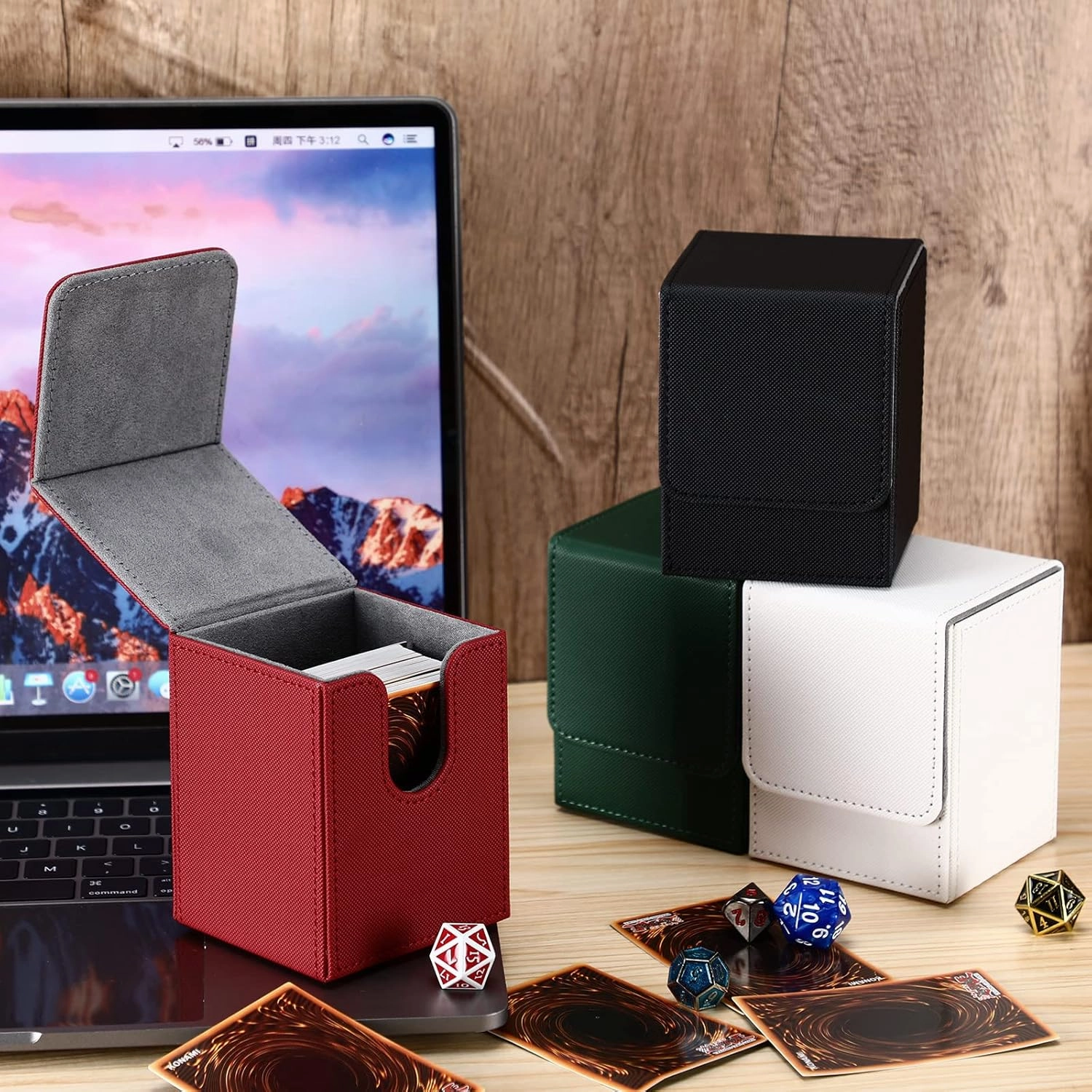 Yookeer 4 Pieces Leather Deck Card Boxes Cards Deck Game Box for Collectible Playing Card Box Compatible with MTG Commander(Black, White, Red, Green,Vertical)