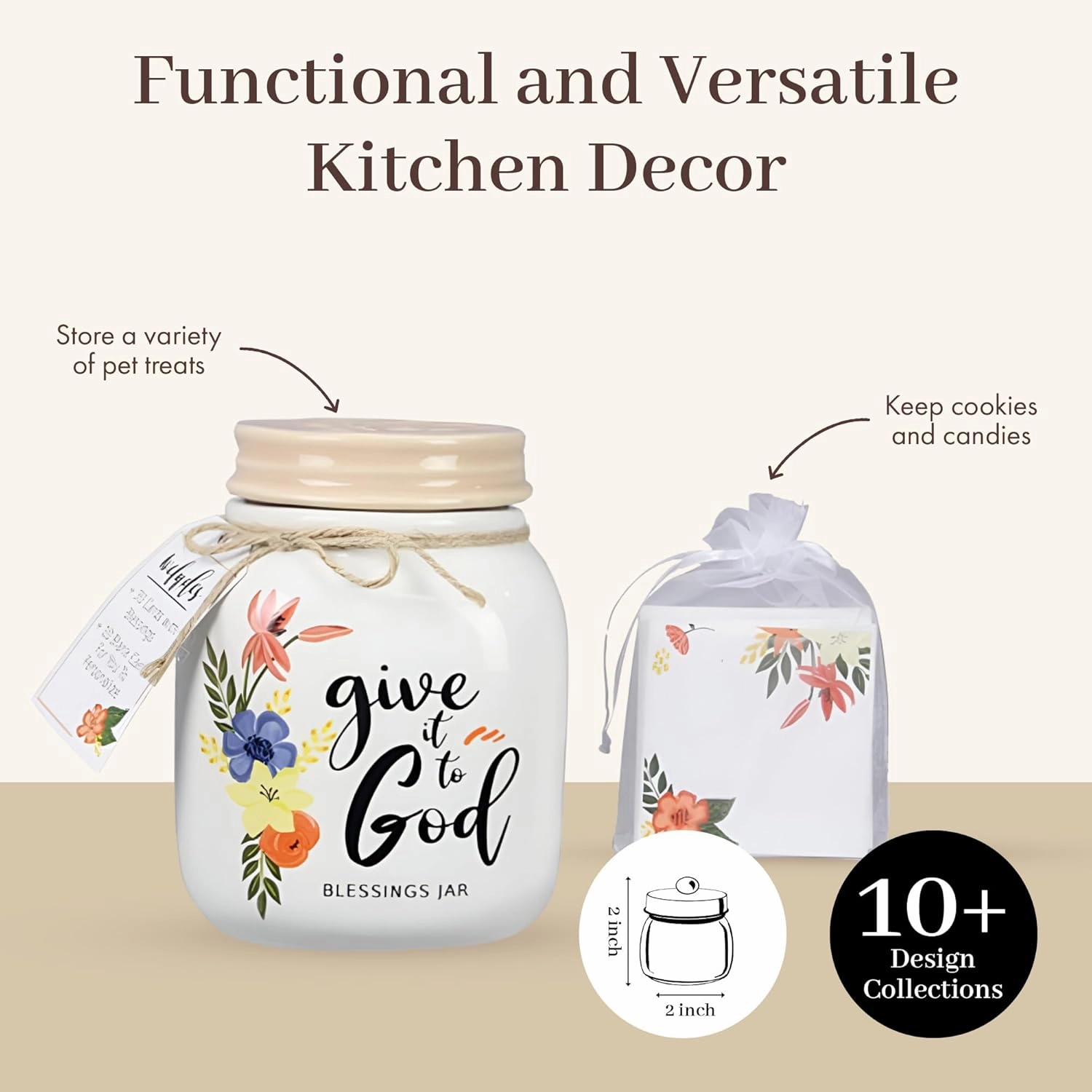Youngs Ceramic Floral Give it to God Blessing Jar with 40 cards, Ceramic Canister with Lid for Wedding, Function, Gatherings, Christian gift Idea