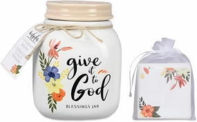 Youngs Ceramic Floral Give it to God Blessing Jar with 40 cards, Ceramic Canister with Lid for Wedding, Function, Gatherings, Christian gift Idea