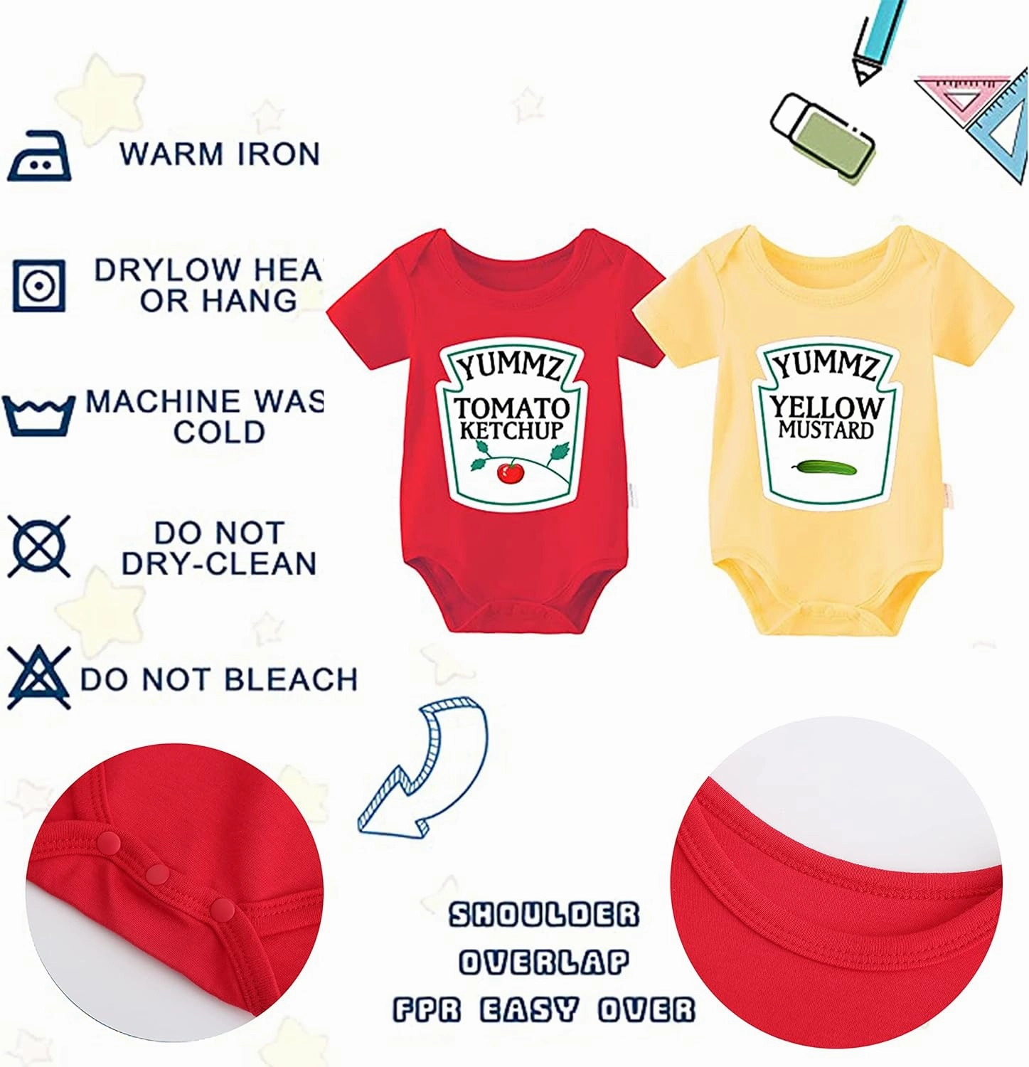 YSCULBUTOL Baby Twins Bodysuit Ketchup Mustard Funny Baby Twins Outfits Baby Girl Short Sleeve Set