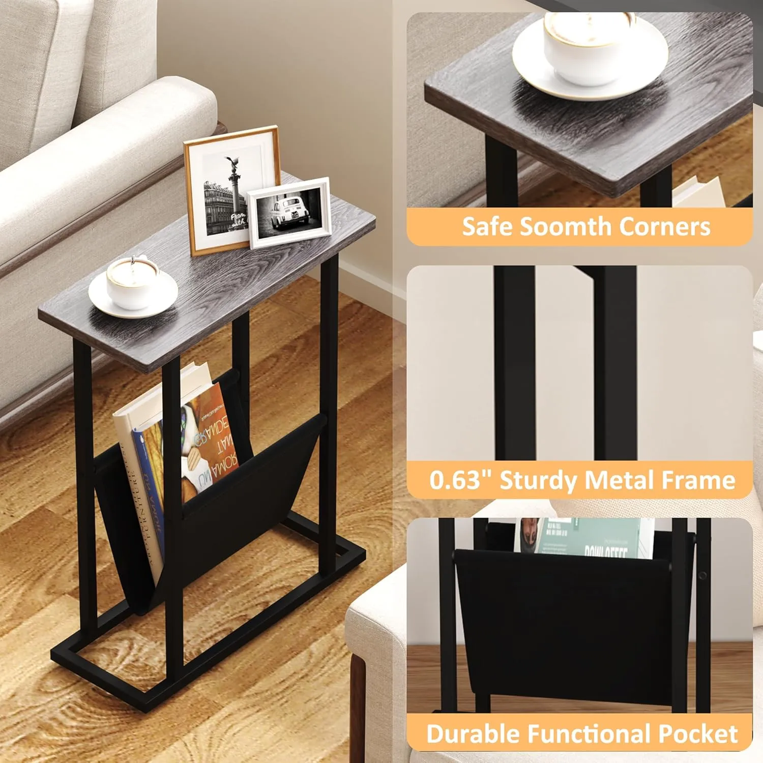 Yusong Narrow Side Table for Small Spaces, Small End Table with Magazine Holder, Skinny Slim Little Thin Table for Living Room, Bedroom, Sofa, Grey Oak