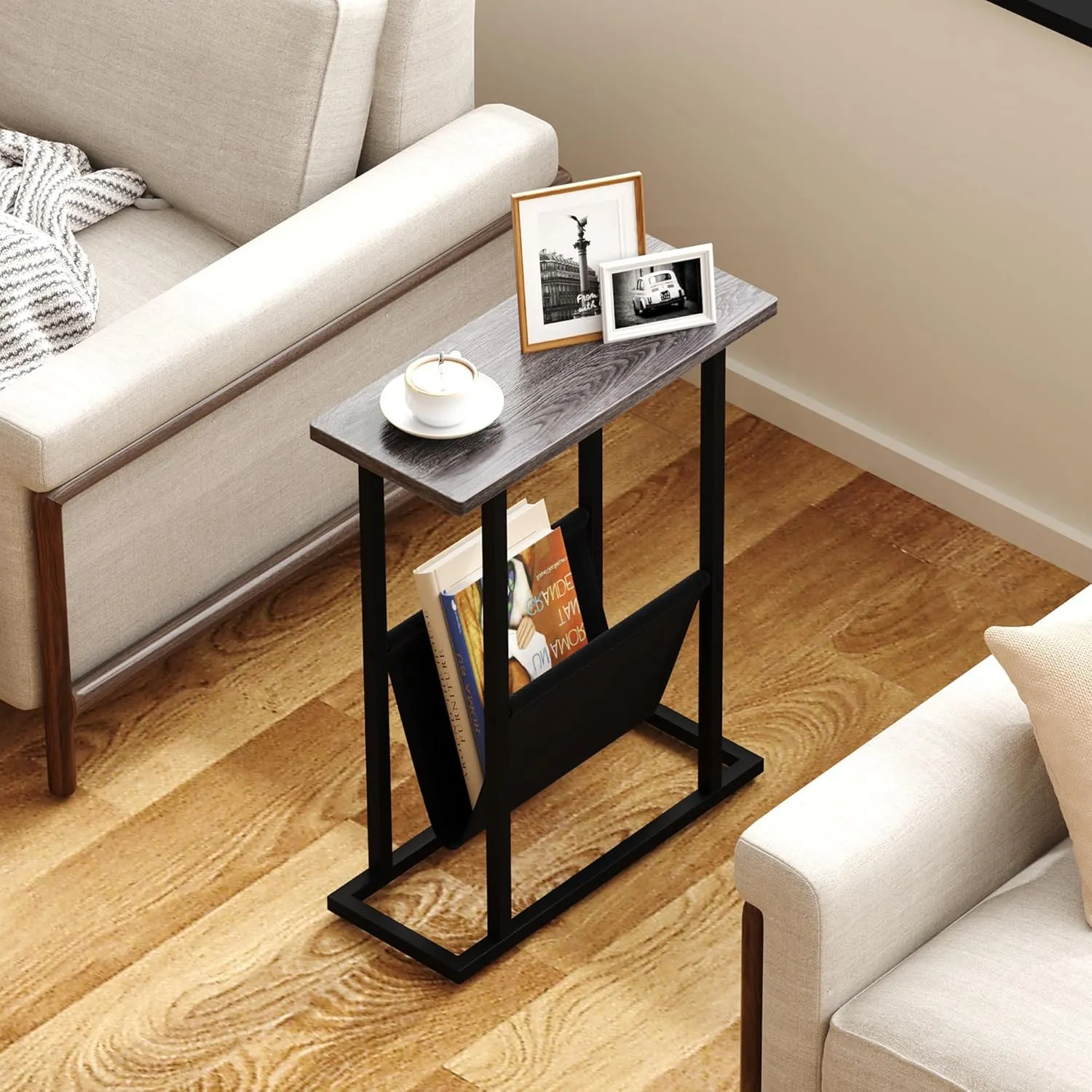Yusong Narrow Side Table for Small Spaces, Small End Table with Magazine Holder, Skinny Slim Little Thin Table for Living Room, Bedroom, Sofa, Grey Oak