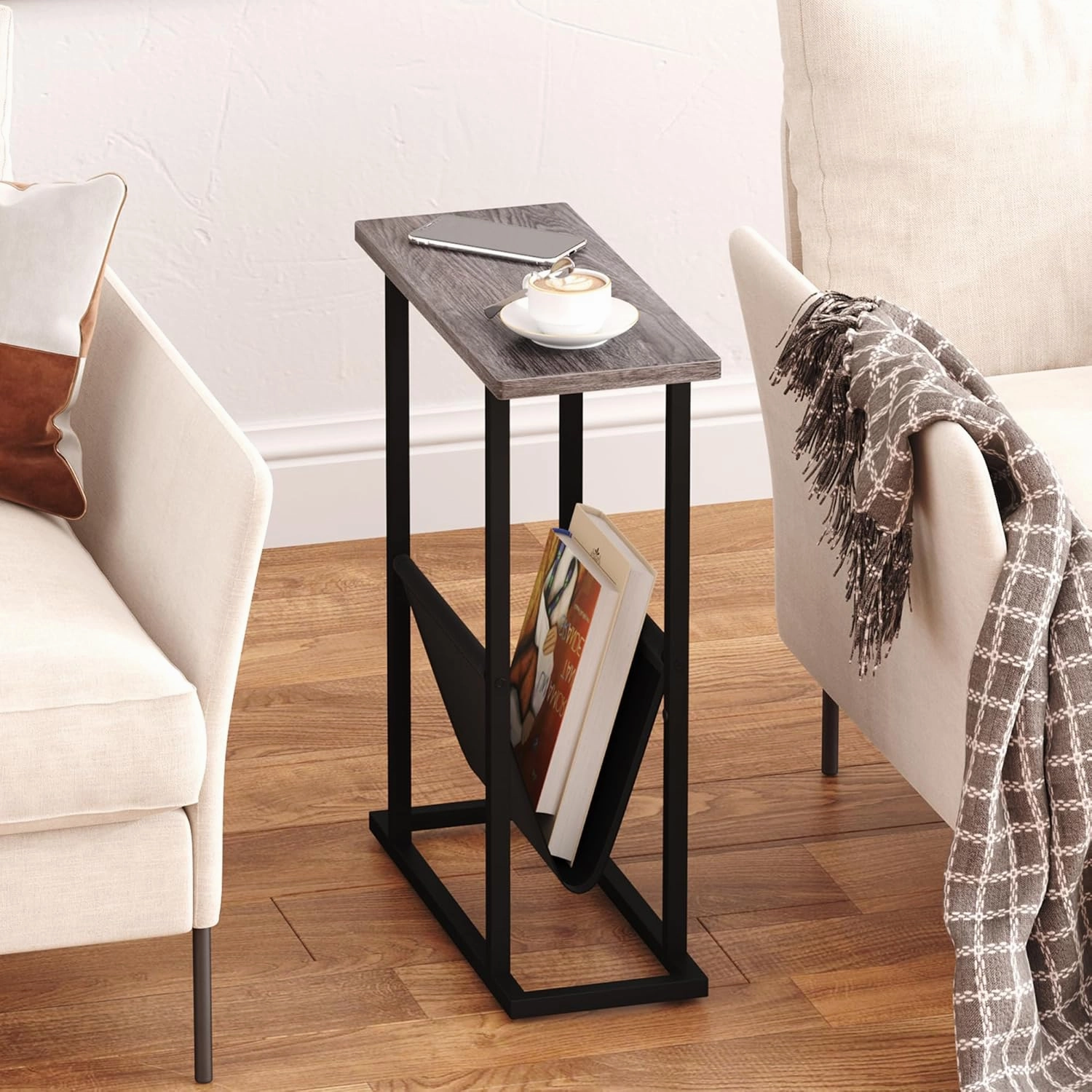 Yusong Narrow Side Table for Small Spaces, Small End Table with Magazine Holder, Skinny Slim Little Thin Table for Living Room, Bedroom, Sofa, Grey Oak