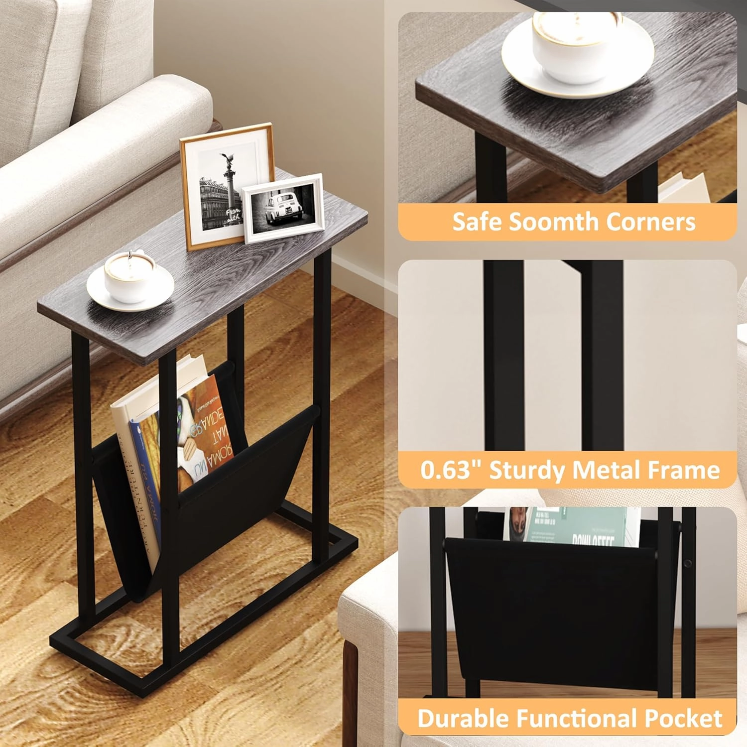 Yusong Narrow Side Table for Small Spaces, Small End Table with Magazine Holder, Skinny Slim Little Thin Table for Living Room, Bedroom, Sofa, Grey Oak