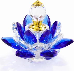 YWHL Mini Blue Crystal Lotus Perfume Bottles, Small Vintage Glass Refillable Perfume Bottle Decoration, Handmade Lotus Flower Figurines Gifts for Wife Girlfriend (3ml)
