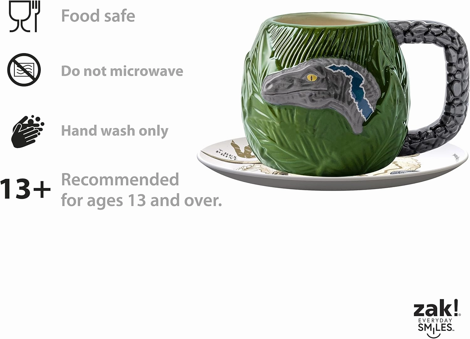 Zak Designs Jurassic World Dominion Movie Ceramic Sculpted Mug Set for Coffee, Tea, Breakfast or Dessert, 3D Character Collectible Keepsake (2-Piece, Non BPA)