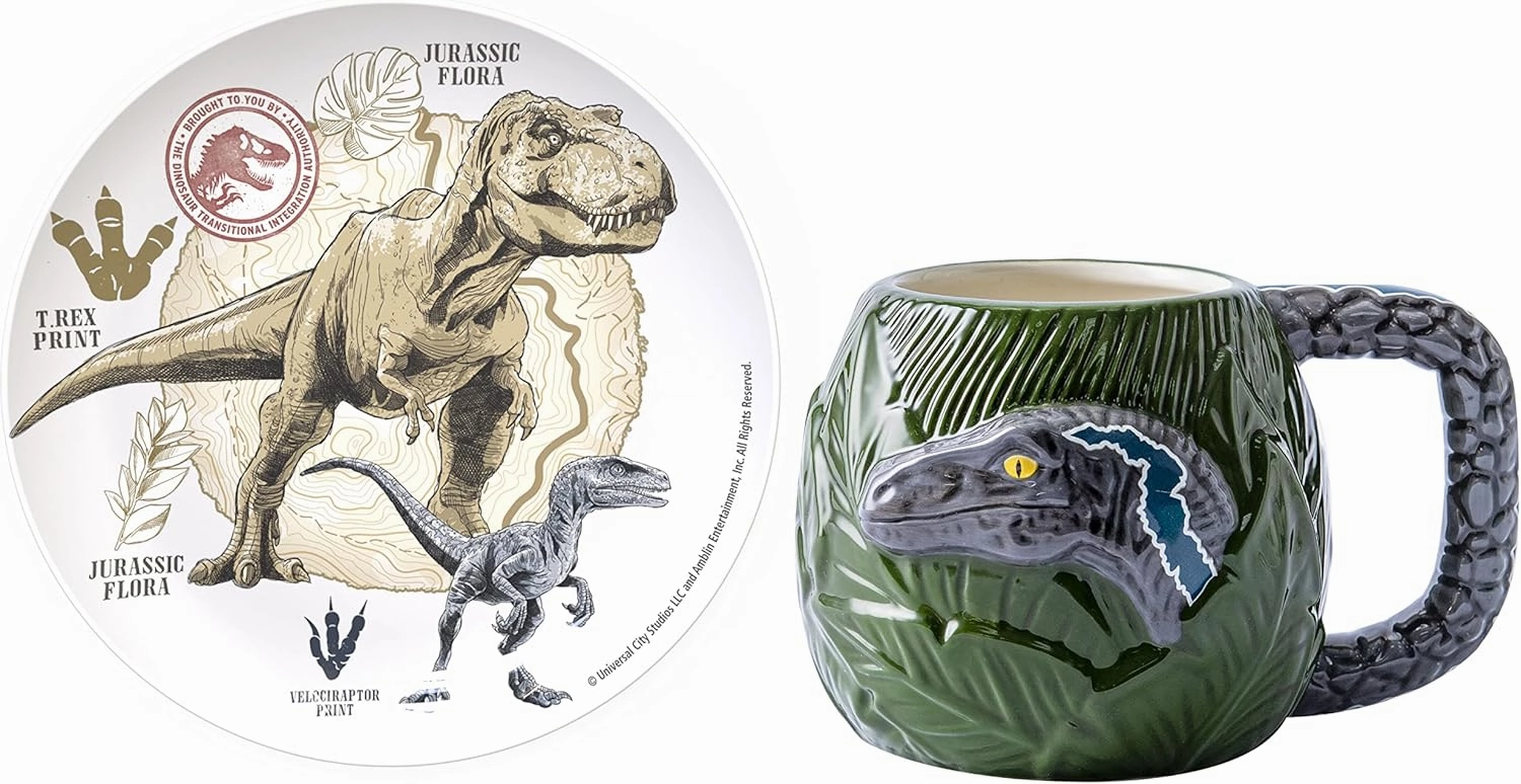 Zak Designs Jurassic World Dominion Movie Ceramic Sculpted Mug Set for Coffee, Tea, Breakfast or Dessert, 3D Character Collectible Keepsake (2-Piece, Non BPA)