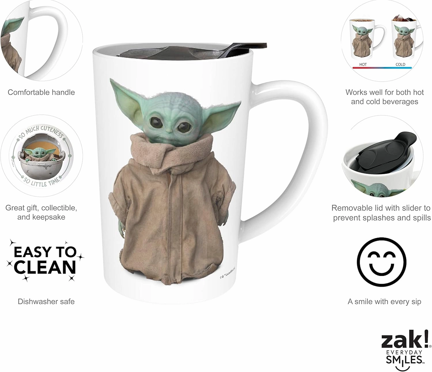 Zak Designs Star Wars The Mandalorian Ceramic Latte Mug and Plate Set for Coffee, Tea, Breakfast or Dessert with Travel Mug Lid (2-Piece, Non BPA, Baby Yoda aka The Child),17 fluid ounces