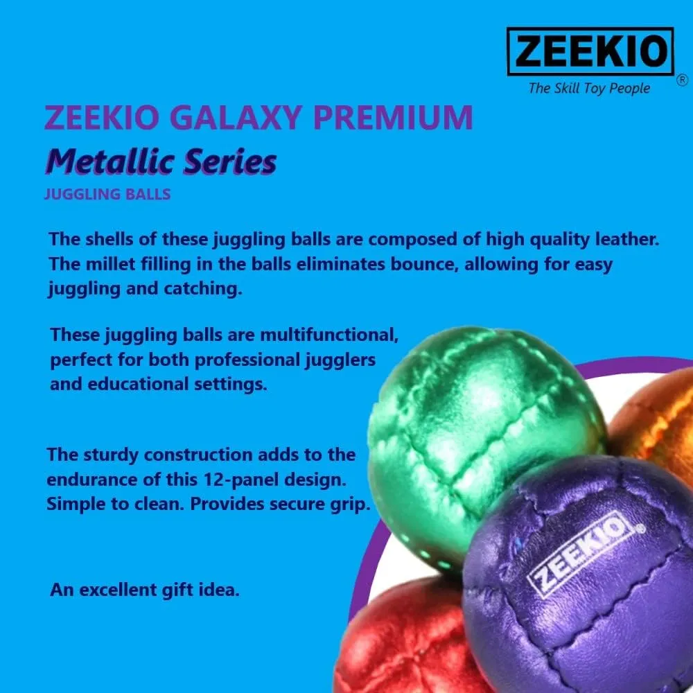 Zeekio Galaxy Juggling Balls - Metallic Series - Premium 12 Panel Genuine Leather Balls - 130g - 67mm - Pack of 3