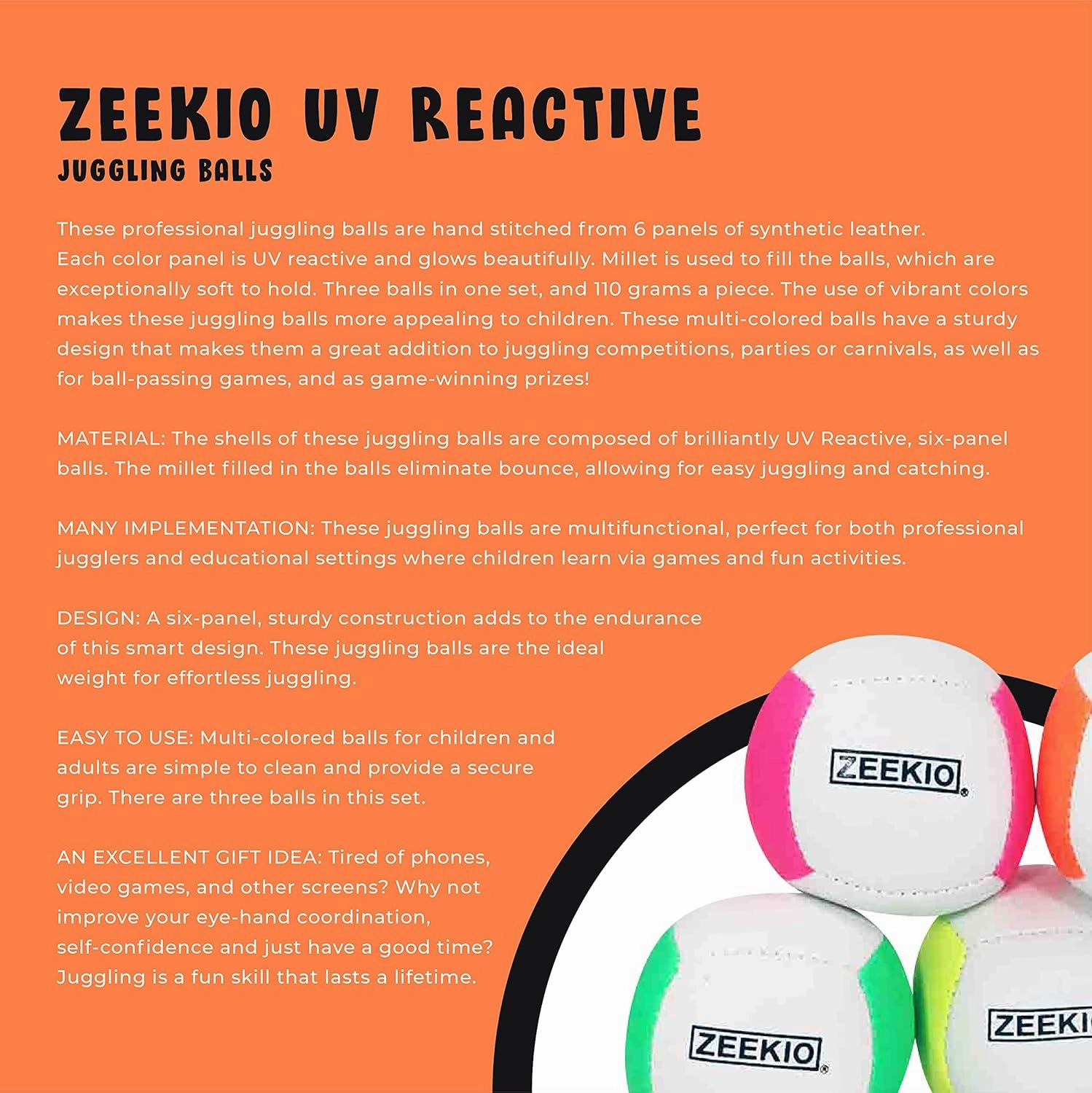 Zeekio Lunar Juggling Balls - [Set of 3], Professional UV Reactive, 6-Panel Balls, Synthetic Leather, Millet Filled, 110g Each, White/Pink